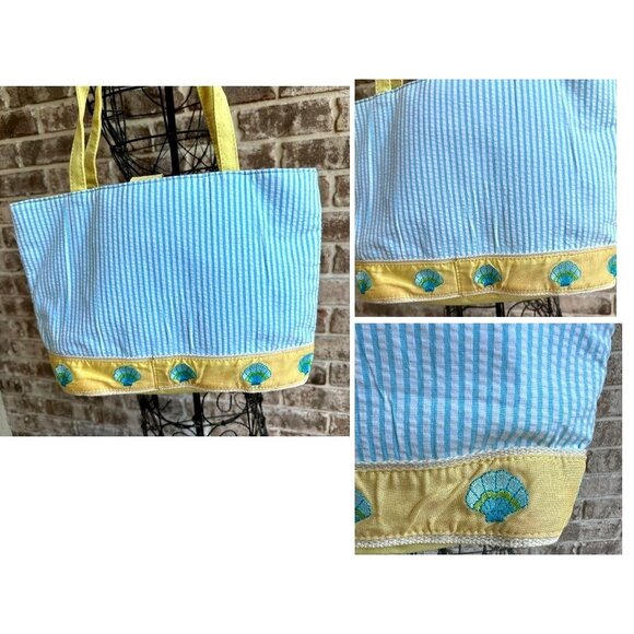 Quacker Factory Resort Blue White Seersucker Seashell Tote Bag Yellow Tr… - Picture 4 of 13